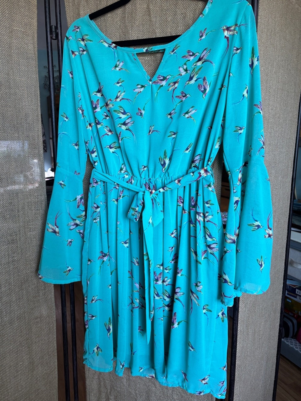 Ya Los Angeles Turquoise Hummingbird Midi Dress with Bell Sleeve
